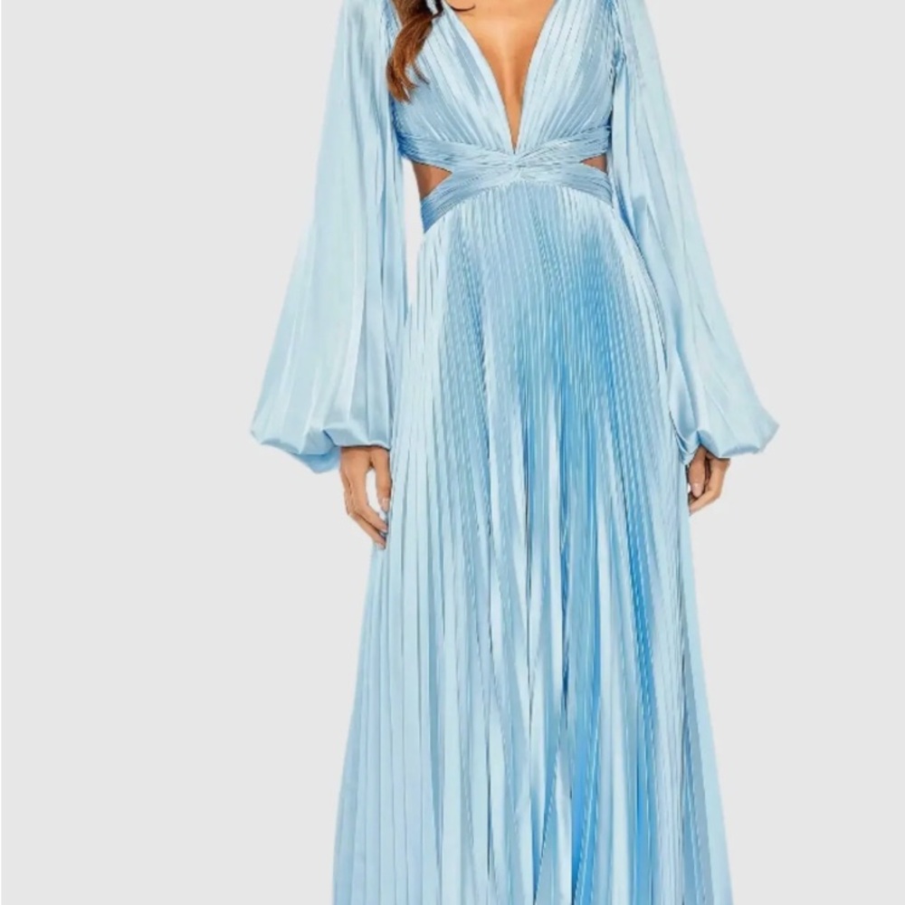 Mac Duggal Blue Long Sleeve Pleated Gown
